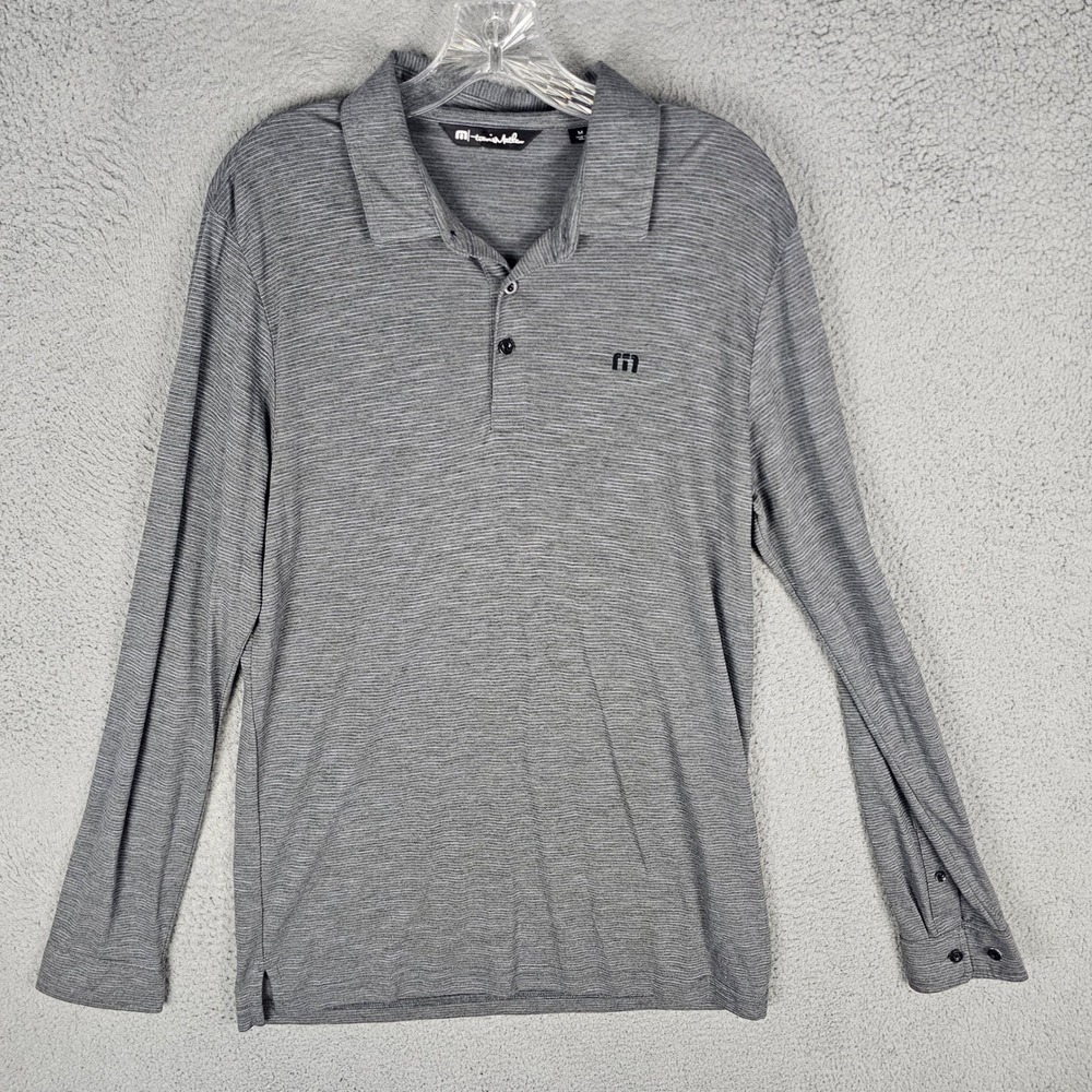 Travis Mathew Polo Mens M Grey Long Sleeve Striped 1MU170 Golf Shirt